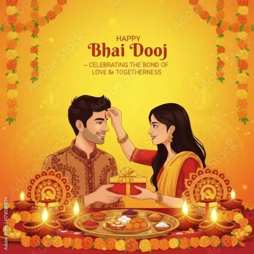 Happy bhai dooj festival celebration with sister applying tilak on brother s forehead with sweets and diyas