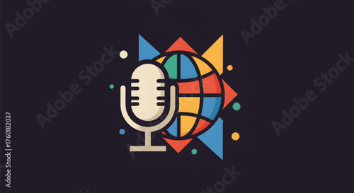 Global podcasting concept with microphone and world globe illustration.