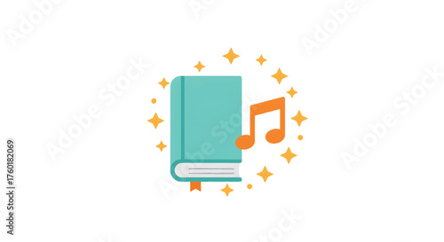 A turquoise book with a musical note and sparkling stars.