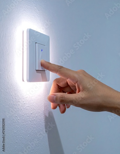 Hand pressing a light switch on white wall, illuminated
