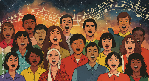 A diverse multicultural choir of people singing together in harmony.