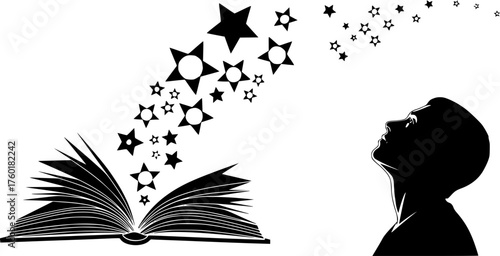 Imagination Unleashed: Stars of Knowledge and Dreams Flow from an Open Book towards a Person Looking Up, Symbolizing Learning and Inspiration.