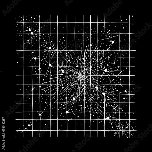 White grid with starburst pattern and scattered dots on a black background creating a unique design