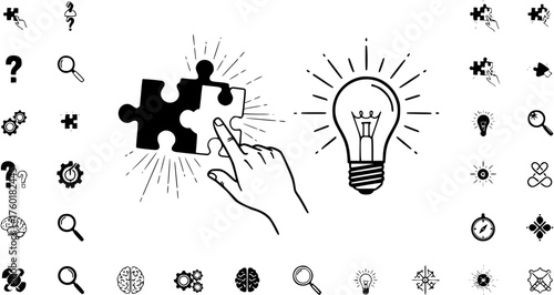 Problem Solving and Idea Generation Concept: Hand Placing Puzzle Piece Leads to Glowing Light Bulb with Related Icons