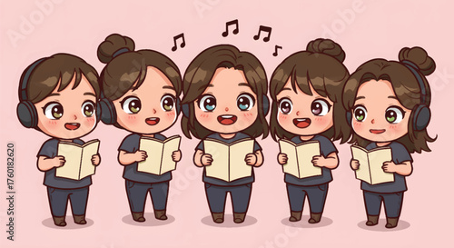 Group of five cute chibi girls singing together in a choir.