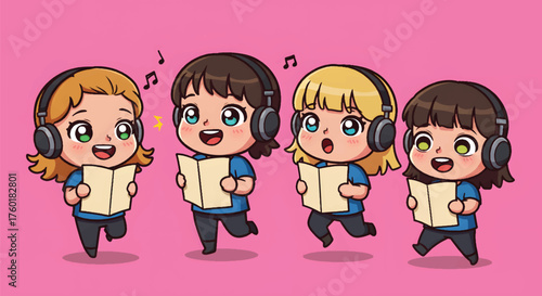 Four adorable cartoon children singing with headphones and songbooks.