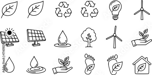 Line art icons for environmental sustainability, renewable energy, and nature protection - A hand-drawn collection of eco-friendly and green living symbols.