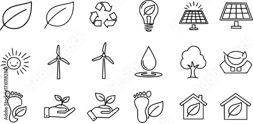 Eco-friendly and Renewable Energy Line Art Icons Set: Sustainability, Nature, Solar, Wind, Recycle, Green Home, Plant, Water, Leaf, Footprint Symbols