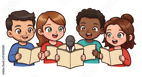 Diverse group of happy children singing together with a microphone.
