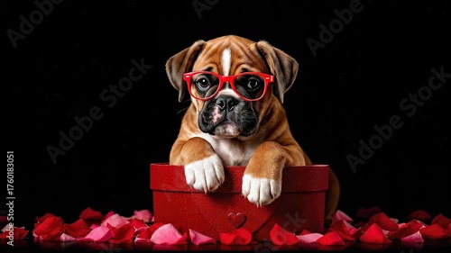Adorable puppy with red glasses sitting inside a gift box surrounded by rose petals on a dark background