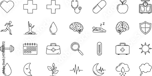 Health, Wellness, and Medical Outline Icons Set. Includes symbols for heart, fitness, nutrition, brain, sleep, medical equipment, and healthy lifestyle elements.
