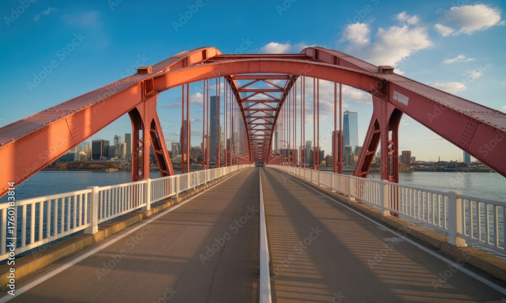 Obraz premium Vibrant red steel truss bridge spanning a river towards a modern city skyline at sunset