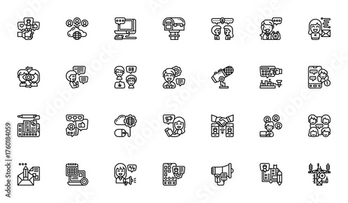 Communication icon set. Minimal line vector icons pak. Featuring chat, connectvity, email, call, meeting microphone, calendar, advrtising and more. Editablestroke.
