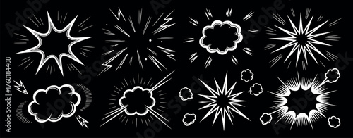 Comic Explosion Vector Set, Boom Bang Burst Effects, Hand-Drawn Smoke Clouds, Speed Lines, Steam and Splash Elements, Cartoon Explosion Design