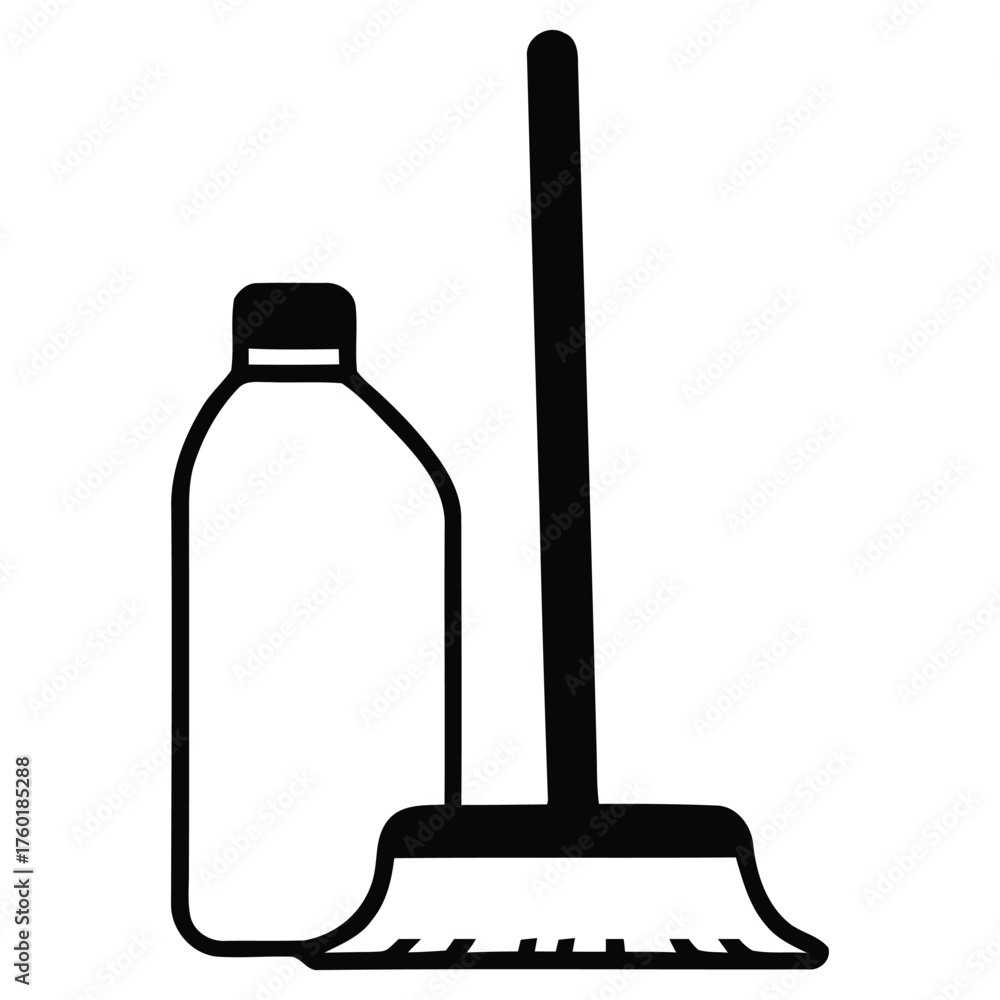Obraz premium Upright Cleaning Bottle and Broom Outline and Solid Graphic Element