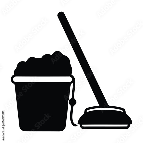 Deep Cleaning Mop and Soapy Water Bucket Silhouette Icon Design