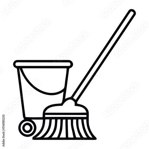 Modern Floor Cleaning Mop and Wheeled Bucket Outline Illustration