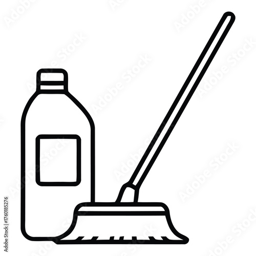 Outline Drawing of Cleaning Mop and Detergent Bottle Illustration