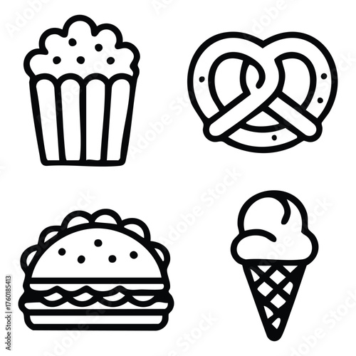 Vector art of outline icons of cupcake, pretzel, taco, and ice cream