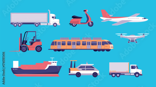 Delivery and Logistics Vector Illustration, Transportation Vehicles Collection with Trucks, Cargo Vans, Airplanes, Ships, and Courier Service Icons