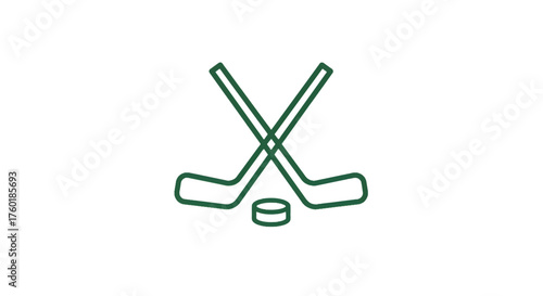 Minimalist line art icon of crossed ice hockey sticks and puck.