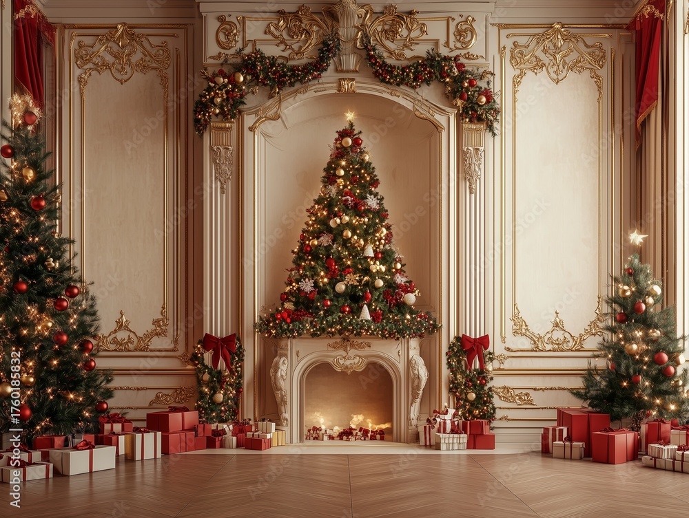 Fototapeta premium Luxurious Christmas Interior Scene Decorated with Elegant Tree Over Fireplace and Piles of Festive Gift Boxes