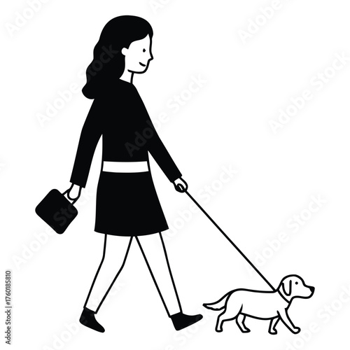 Stylish young woman enjoying a pleasant walk with her small adorable pet dog
