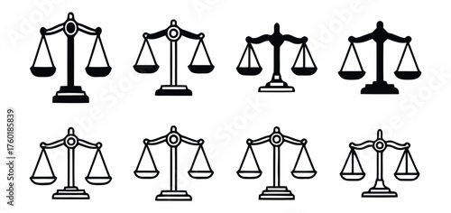Assorted legal justice and measurement balance scales icon collection