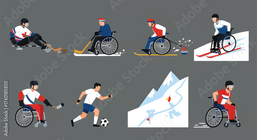 Disabled athletes competing in various winter and summer sports activities.