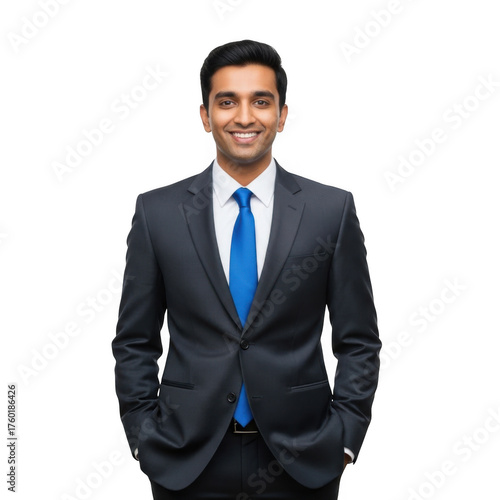 Smiling businessman in a dark suit and bright blue tie stands confidently against a black background