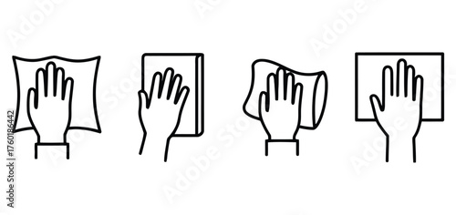 Outline Style Hand with Cleaning Cloth and Sponge Graphic Elements