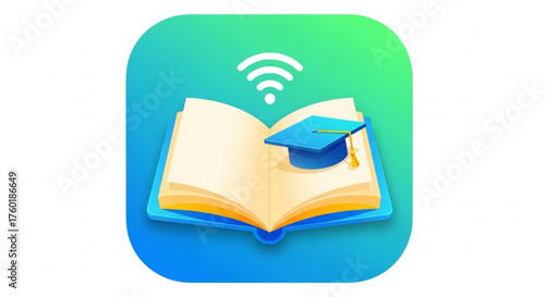 Online education app icon with open book, graduation cap, and wifi symbol, representing digital learning and academic success