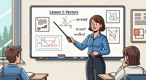 In a classroom setting, a teacher uses a pointer to explain vectors on a whiteboard to a student, fostering a deeper understanding of mathematics
