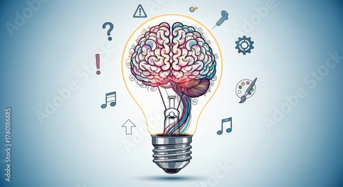 A conceptual illustration of a brain inside a light bulb, surrounded by symbols of creativity and knowledge, representing the power of ideas and innovation