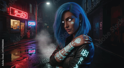 Futuristic Cyberpunk Portrait A Young Woman with Neon Hair, Glowing Eyes and Tattoos in a Dark Cityscape