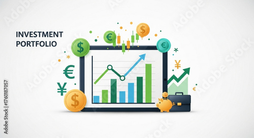 Investment portfolio illustration with charts, coins, and currencies, showcasing financial growth and investment strategies