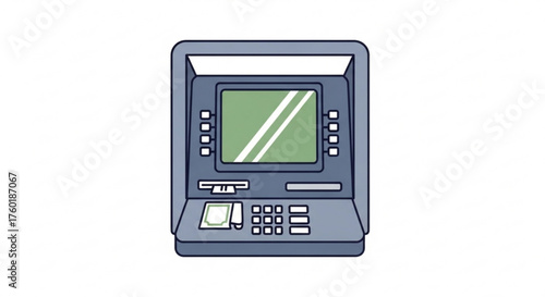 A detailed illustration of an atm machine, featuring a screen, keypad, and cash dispenser, set against a clean