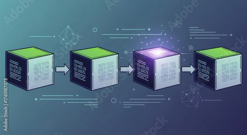 Blockchain technology concept showing a sequence of connected cubes with data, representing the flow of information and the security of the network