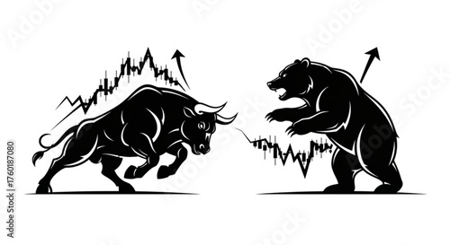 Bull and bear market concept showing stock market trends with bull and bear symbols representing rising and falling markets