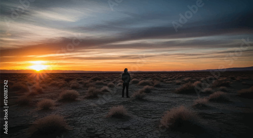 Lone Figure Gazing at Sunrise Over Barren Landscape, Embracing Tranquility and Endless Horizons