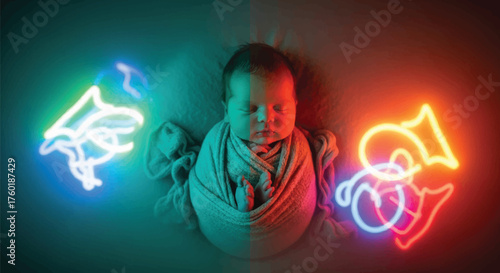 Conceptual portrait of a swaddled newborn baby sleeping between glowing neon representations of an angel and a demon representing choice and duality
