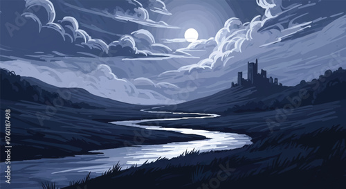 A pixel art illustration of a medieval fantasy castle under a full moon, with a serene river winding through the dark valley landscape