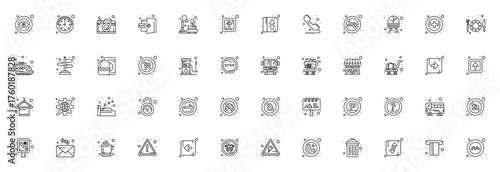 Public signs icon set. Vector symbols collection feauring eye, clock, camera, xit, park, cross, elevatorbuttons, phone, no smoking train, hospital and more.