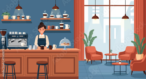 Inviting scenes featuring a friendly character barista working diligently in a cozy modern coffee shop interior, illustrating a welcoming atmosphere for patrons enjoying their daily brew