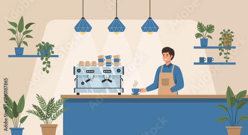 A charming character illustration showing daily scenes in a modern coffee shop, with a barista preparing a drink