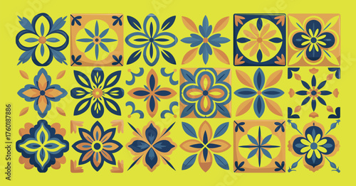 Mediterranean Tile Pattern Vector Collection, Traditional Ceramic Ornaments, Portuguese and Spanish Mosaic Designs, Colorful Decorative Floor and Wall Textures