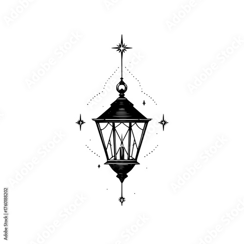 Vintage lantern with stars illustration in black and white perfect for a tattoo design idea