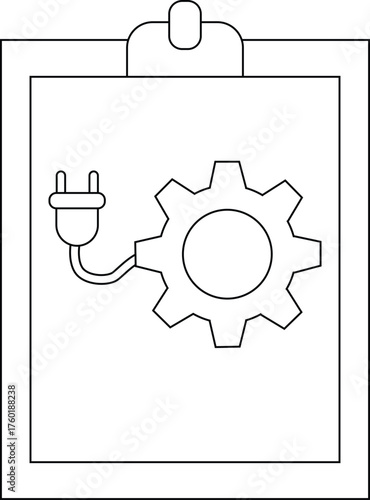 A black and white image of a clipboard with a gear and electric plug on it