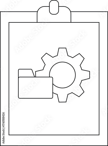 A clipboard with a document showing a folder icon and a gear icon