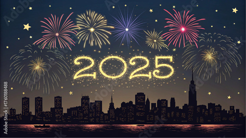 Fireworks Over City Skyline 2025 New Year Celebration Poster